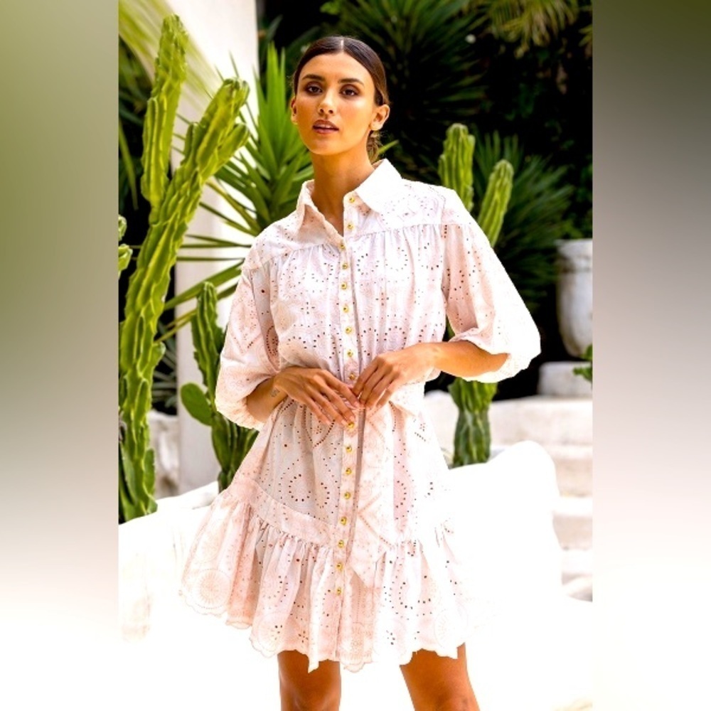 Miss June Paris - Louisa Boho Light Pink Embroidered Gold Buttons Mini Dress S/M